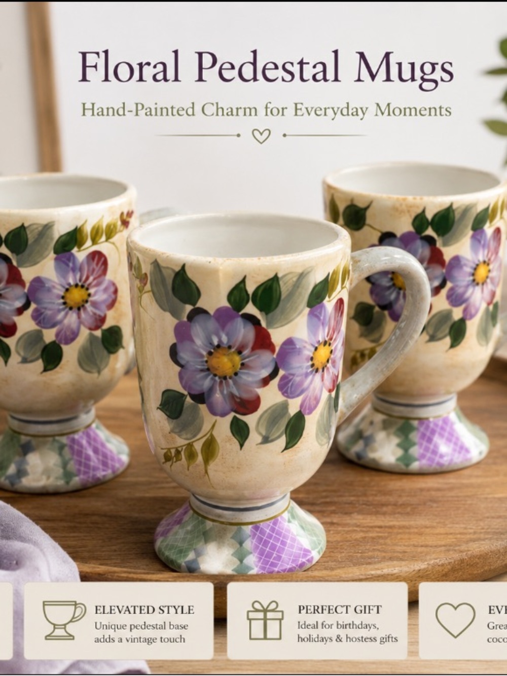 GIBSON Set of 4 Hand-Painted Purple & Green Wild Flower Floral Pedestal Mugs